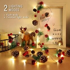 Christmas Garland With Lights,Pine Cone Red Berry Bells Garland String Lights, 10 Ft 30 LED Lights, Indoor Christmas Decorations For Home And Fireplace Mantel Decor, Christmas Tree Decor -Department 56 Shop 51Y5jA0QynL