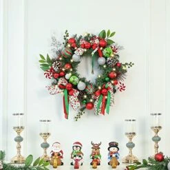 WBHome Pre-lit 24 Inch Artificial Christmas Wreath, Elf Green & Red Lighted Wreath With 35 LED Lights For Indoor Outdoor Front Door Window Xmas Decor Holiday Decorations, Battery Operated -Department 56 Shop 51YVociRYcL