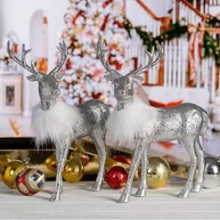Ornativity Silver Glitter Christmas Reindeer - Holiday Party Deer Figurine Statues Dinner Tabletop Decorations Centerpiece - Pack Of 2 -Department 56 Shop 51YetZqJUUL