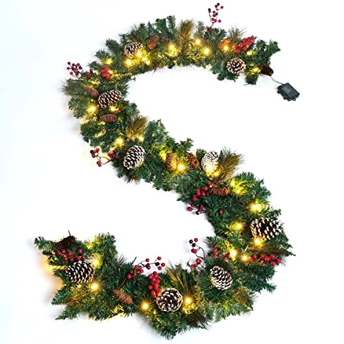 Kurala 9 FT Christmas Garland, Battery Operated With 8 Lighting Modes, Artificial Mixed With Pine Cones, Red Berries, 50 LED Lights 2 Kurala 9 FT Christmas Garland, Battery Operated With 8 Lighting Modes, Artificial Mixed With Pine Cones, Red Berries, 50 LED Lights - Image 2