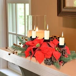 DearHouse 22Inch Christmas Candle Holder Centerpiece, Poinsettia And Red Berry Table Centerpiece With 3 Candle Holders Table Accent Centerpiece For Festival Home Decoration