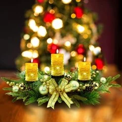 YULETIME 28" Christmas Triple Candelabrum, Holiday Candle Holder With Three Trays, Gold Bowknot & Baubles, Natural Pine Cones, Golden Berries, Green Leaves Holly, Spruce Branches, Pine Needles