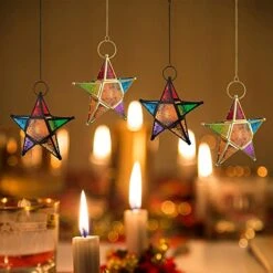 Modern Morocco Metal Art Candle Holders, Star Colorful Glass Christmas Holiday Home Wall Decor Lantern For Mantel Patio Garden With Hanging Loop -Department 56 Shop 51csawSMjyL