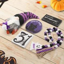 SURCVIO Halloween Tiered Tray Decorations, Halloween Home Decor Including Haunted House Wooden Signs, Cute Gnomes Plush And Bead Garland, Halloween Decorations Indoor For Home Table Room Party -Department 56 Shop 51d3SanNctL