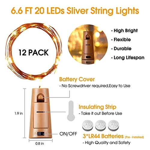 Ariceleo Wine Bottles String Lights, 24 Packs Micro Artificial Cork Copper Wire Starry Fairy Lights, Battery Operated Lights For Bedroom, Parties, Wedding, Decoration(24 Packs 2m/7.2ft Warm White) 2 Ariceleo Wine Bottles String Lights, 24 Packs Micro Artificial Cork Copper Wire Starry Fairy Lights, Battery Operated Lights For Bedroom, Parties, Wedding, Decoration(24 Packs 2m/7.2ft Warm White) - Image 2