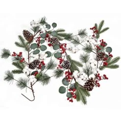 Artiflr 6FT Pine Christmas Garland With Berries Pinecones Spruce Eucalyptus Leaves Cotton Balls Winter Greenery Garland, Artificail Berry Garland For Holiday Fireplace Table Runner Centerpiece Decor