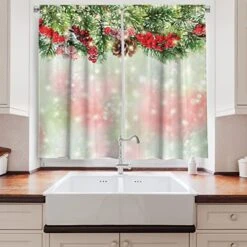 Ambesonne Christmas Long, Evergreen Fir Branches Red Ripe Holly Berries Blurred Backdrop Garland, Two Panels Drapes With Rod Pocket Room Decor, 55" X 45", Brown Green