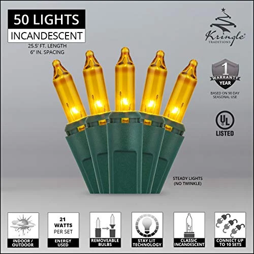 Kringle Traditions Incandescent Mini String Lights, Indoor Mini Tree Lights, Outdoor Christmas Mini Lights, Colorful Christmas Mini Lights, Green Wire (50 Lights / 6” Spacing / 25.5 Ft, Gold) 3 Kringle Traditions Incandescent Mini String Lights, Indoor Mini Tree Lights, Outdoor Christmas Mini Lights, Colorful Christmas Mini Lights, Green Wire (50 Lights / 6” Spacing / 25.5 Ft, Gold) - Image 3