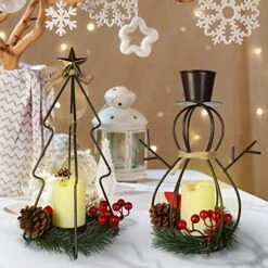 MorTime Set Of 2 Christmas LED Candle Lantern Lights, Metal Christmas Tree & Snowman With LED Candle Berries Pinecones For Christmas Decorations -Department 56 Shop 51ey69bWopL