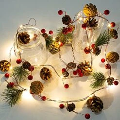 Artificial Christmas Garland With Lights - Battery Operated 6.56FT Prelit Garland With 20 LED Lights, Red Berries, Pine Cones, Pine Needles Decor For Xmas Tree Thanksgiving Home Fireplace Party