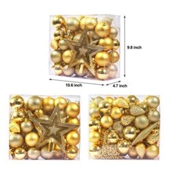 Lulu Home Assorted Christmas Tree Ornaments Set, 60 Pieces Golden Shatterproof Balls Xmas Seasonal Decorations For Easter Decoration, Pre-Strung