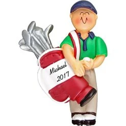 Golfer Personalized Christmas Ornament - Male- Holding Bag Of Clubs - Handpainted Resin - 4" Tall - Free Customization By Calliope Designs