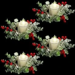 Christmas Candle Garland Simulation Colored Berry Candle Garland Xmas Wreath Candle Holder Mini Candle Ring For Wedding Party Living Room Dining Table Closet Decoration (Red Berry Style, 4 Pieces)