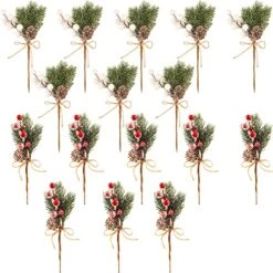 Haconba 16 Pack Christmas Berries Pine Cones Artificial Holly Pine Branches Picks Stems For Xmas Trees Decoration Garland Wreath Craft Winter Holiday Home Decor