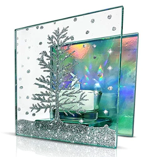 BANBERRY DESIGNS Christmas Tree Candle Holder - Mirrored Glass With Silver Glittery Xmas Tree - Includes 1 White LED Tea Light - Elegant Holiday Décor 1 BANBERRY DESIGNS Christmas Tree Candle Holder - Mirrored Glass With Silver Glittery Xmas Tree - Includes 1 White LED Tea Light - Elegant Holiday Décor