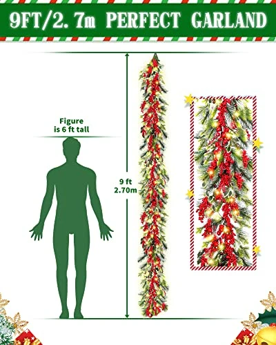 DDHS Christmas Garland,9FT Artificial Garland Christmas Decorations With 60 LED Lights Red Berry For Mantle Fireplace, Indoor, Outdoor, Green Pre Lit Christmas Collection Decor-Warm 2 DDHS Christmas Garland,9FT Artificial Garland Christmas Decorations With 60 LED Lights Red Berry For Mantle Fireplace, Indoor, Outdoor, Green Pre Lit Christmas Collection Decor-Warm - Image 2