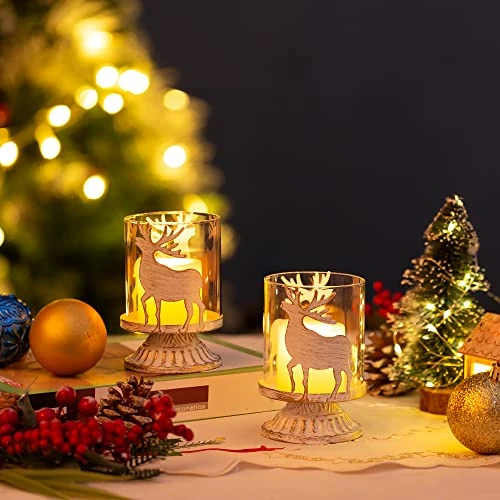 Romadedi Christmas Pillar Candle Holder: Set Of 2 Small Rustic Table Decorations With Distressed Metal Reindeer Design, Candle Holders Centerpieces Ornaments For Shelf Bookcase Farmhouse Home Decor 2 Romadedi Christmas Pillar Candle Holder: Set Of 2 Small Rustic Table Decorations With Distressed Metal Reindeer Design, Candle Holders Centerpieces Ornaments For Shelf Bookcase Farmhouse Home Decor - Image 2