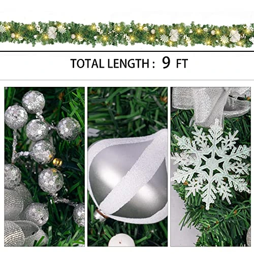 FUNPENY 9 FT Artificial Christmas Garland, Pre-Lit 50 LED Battery Operated Lighted Silver Berries Snowflake Xmas Garland With 8 Modes For Indoor Holiday Door Home Decorations 1 FUNPENY 9 FT Artificial Christmas Garland, Pre-Lit 50 LED Battery Operated Lighted Silver Berries Snowflake Xmas Garland With 8 Modes For Indoor Holiday Door Home Decorations