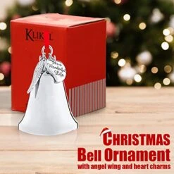 Klikel Christmas Bell Ornament - Shiny Silver Christmas Ornament - Ornament With Angel Wing And Heart Charms - It's A Wonderful Life Bell Ornament For Christmas Tree - Silver Bell With Gift Box -Department 56 Shop 51hYniMwlkL