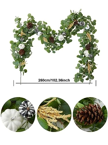 Party Joy 8.8FT Artificial Eucalyptus Garland With White Pumpkins For Fall Decor, Plaid Pumpkins Pinecones Berries Fall Decorations For Home, Wedding Thanksgiving Table Runner Farmhouse Decor 5 Party Joy 8.8FT Artificial Eucalyptus Garland With White Pumpkins For Fall Decor, Plaid Pumpkins Pinecones Berries Fall Decorations For Home, Wedding Thanksgiving Table Runner Farmhouse Decor - Image 5