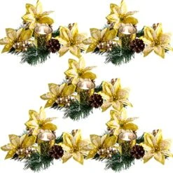 10 Pieces Christmas Candle Rings Xmas Candle Wreath Ring Garland Artificial Poinsettia Candle Rings For Pillar With Candle Holders For Home Wedding Dining Table Centerpiece Decoration(Gold)