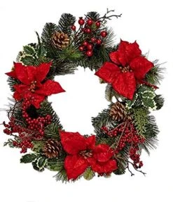 Worth Imports Artificial Christmas 18" Spruce Poinsettia Berry Wreath, Green, Red