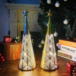 Juegoal Lighted Christmas Table Decorations With Top Star, Battery Operated Cone Shaped Candle Lantern Lights, Light Up Indoor Xmas Holiday Winter Party Tabletop Desk Ornament, Set Of 2 (Gold, Silver) -Department 56 Shop 51jg2qcJcYL