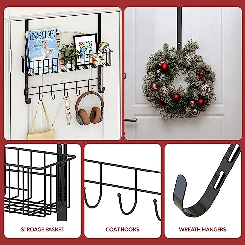 Meluke Over The Door Hooks With 2 Wreath Hangers And Storage Basket, 15'' Door Wreath Hook, Multifunctional Over The Door Organizer Storage Coat Hooks For Front Door,Bathroom,Bedroom 3 Meluke Over The Door Hooks With 2 Wreath Hangers And Storage Basket, 15'' Door Wreath Hook, Multifunctional Over The Door Organizer Storage Coat Hooks For Front Door,Bathroom,Bedroom - Image 3