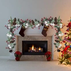 Artificial Christmas Pine Garland With Berries Pinecones Spruce Eucalyptus Leaves Cotton Balls Winter Greenery Garland For Holiday Season Mantel Fireplace Table Runner Centerpiece Décor 6 Feet -Department 56 Shop 51kquSf65EL