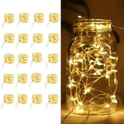 20 Pack LED Fairy Lights Battery Operated,7.2ft 20 LED Silver Wire Warm White Mason Jar Lights,Firefly Mini Led String Lights For Mason Jars Party Crafts Wedding Decorations