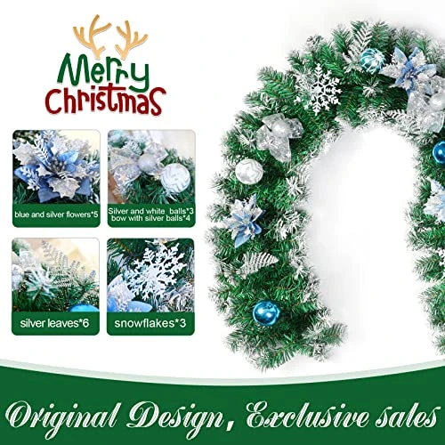 Christmas Garland, Artificial Holiday PE Mixed Garland With Battery Operated 50 LED Lights, Xmas Decoration Flocked Garland With Pine Cones And Timer For Walls Stairs Fireplaces,9Ft Pre-Lit,Blue Ball 2 Christmas Garland, Artificial Holiday PE Mixed Garland With Battery Operated 50 LED Lights, Xmas Decoration Flocked Garland With Pine Cones And Timer For Walls Stairs Fireplaces,9Ft Pre-Lit,Blue Ball - Image 2