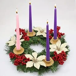 UNICY Advent Wreath Candle Holder For Holiday Traditional Décor, 13'' Christmas Table Centerpiece Green Cedar Branch X-mas With Red Berries, 4 Poinsettia And Ring, White Poinsettias