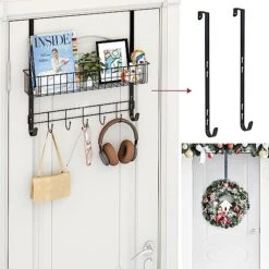 Meluke Over The Door Hooks With 2 Wreath Hangers And Storage Basket, 15'' Door Wreath Hook, Multifunctional Over The Door Organizer Storage Coat Hooks For Front Door,Bathroom,Bedroom