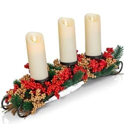 Ornativity Christmas Décor Candle Holder – Xmas Themed Candle Holder Centerpiece Decorations With Red And Gold Berries And Evergreens