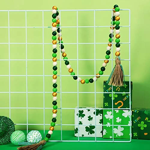 2 Pieces St. Patrick's Day Easter Day Wood Bead Garlands With Tassels 10.8 Ft Farmhouse Rustic Country Wood Bead Boho Bead Garlands For Tiered Tray Decor (Attractive Color) 3 2 Pieces St. Patrick's Day Easter Day Wood Bead Garlands With Tassels 10.8 Ft Farmhouse Rustic Country Wood Bead Boho Bead Garlands For Tiered Tray Decor (Attractive Color) - Image 3