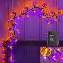 [Extra Long] 9 Ft 72 LED Orange & Purple Lights Halloween Willow Vine Twig Decor Garland With 12 Bat & 12 Pumpkin Lights Timer 8 Modes Waterproof Battery Operated Halloween Decorations Home Wall