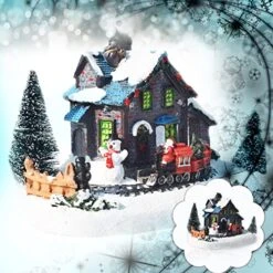 FlekmanArt Christmas Scene Village Houses Town Winter Wonderland Set With Warm LED Light Christmas Resin Indoor Decorations Christmas Village Displays Battery Operated Christmas Ornament