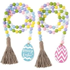 Jetec 2 Pieces Easter Wood Bead Garland Easter Tiered Tray Decoration Hanging Garlands Easter Egg Shaped Wooden Farmhouse Beads Garlands For Home Easter Holiday Party