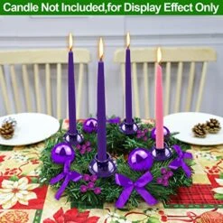 [ Safety Fire Retardant ] Purple Christmas Advent Wreath Decoration 4 Advent Candle Holder 4 Ribbon Bows Balls Berries Stems Realistic Feel Christmas Decor Centerpiece Church Home Holiday(No Candles) -Department 56 Shop 51oz2PO0ucL