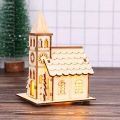 NUOBESTY Christmas Scene House Light Up Mini Wood Houses Village Collections Luminous Figurines Tabletop Ornaments For Xmas Decoration
