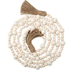 Christmas Wood Bead Garlands With Tassels Farmhouse Rustic Country Boho Decorations Natural Wall Hanging Vase Handle Door Prayer Beads For Xmas Tiered Tray Decor (Wood Color, 7.9 Feet)
