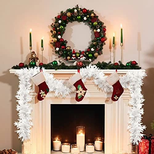 Dingion 50 Ft Christmas Tinsel Garland, White Metallic Twist Garland Artificial Tinsel Garland For Xmas Tree Fireplace Home Wedding Party Christmas Decoration (Snowflake Style) 3 Dingion 50 Ft Christmas Tinsel Garland, White Metallic Twist Garland Artificial Tinsel Garland For Xmas Tree Fireplace Home Wedding Party Christmas Decoration (Snowflake Style) - Image 3