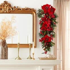 Nearly Natural 4656 Poinsettia Teardrop Wreath, Red/Green -Department 56 Shop 51tdU310TDS