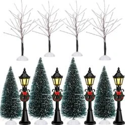 Coume Christmas Tree Snow Covered Branch Village Tree Artificial Christmas Village Displays Tree With Christmas Lamp Post Lantern For Christmas Winter House Holiday Decor (Elegant Style, 12 Pieces)