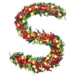DDHS Christmas Garland,9FT Artificial Garland Christmas Decorations With 60 LED Lights Red Berry For Mantle Fireplace, Indoor, Outdoor, Green Pre Lit Christmas Collection Decor-Warm