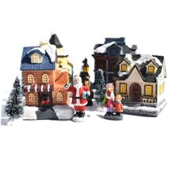 Forart 10Pcs Resin Christmas Scene Village Houses Town With LED Light Battery Operate Christmas Ornaments Christmas Cabin Tiny Scene Snow Village Collections Houses Set