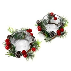 OYATON Christmas Votive Candle Holders With Snowy Pinecone Berry Candle Ring, Decorative Glass Tealight Candle Holder Set Of 2 For Home, Wedding, Living Room And Bedroom Decor(Exclude Candles)