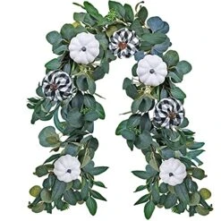 Winlyn Fall White Pumpkin Garland Artificial Eucalyptus Garland With Assorted Pumpkins Fall Garland 6' L For Rustic Front Door Mantel Wedding Backdrop Thanksgiving Table Runner Centerpiece Decoration