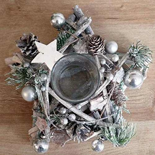 SHATCHI Star Shape Wooden Candle Holder Tabletop Centrepiece Christmas Holiday Home Decorated With Red/Silver Baubles, Berries And Cones (34cm/24cm), Wood, 242411 Cm 5 SHATCHI Star Shape Wooden Candle Holder Tabletop Centrepiece Christmas Holiday Home Decorated With Red/Silver Baubles, Berries And Cones (34cm/24cm), Wood, 242411 Cm - Image 5