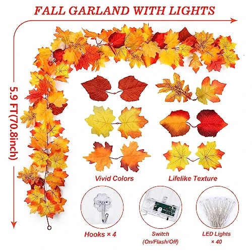 2 Pack Fall Decor Maple Leaves Garland With Lights Battery Operated Fall Thanksgiving Decorations Garland For Home Porch Front Door Table Mantle Outdoor Autumn Harvest Halloween Decor, 11.8Ft 40LED 5 2 Pack Fall Decor Maple Leaves Garland With Lights Battery Operated Fall Thanksgiving Decorations Garland For Home Porch Front Door Table Mantle Outdoor Autumn Harvest Halloween Decor, 11.8Ft 40LED - Image 5
